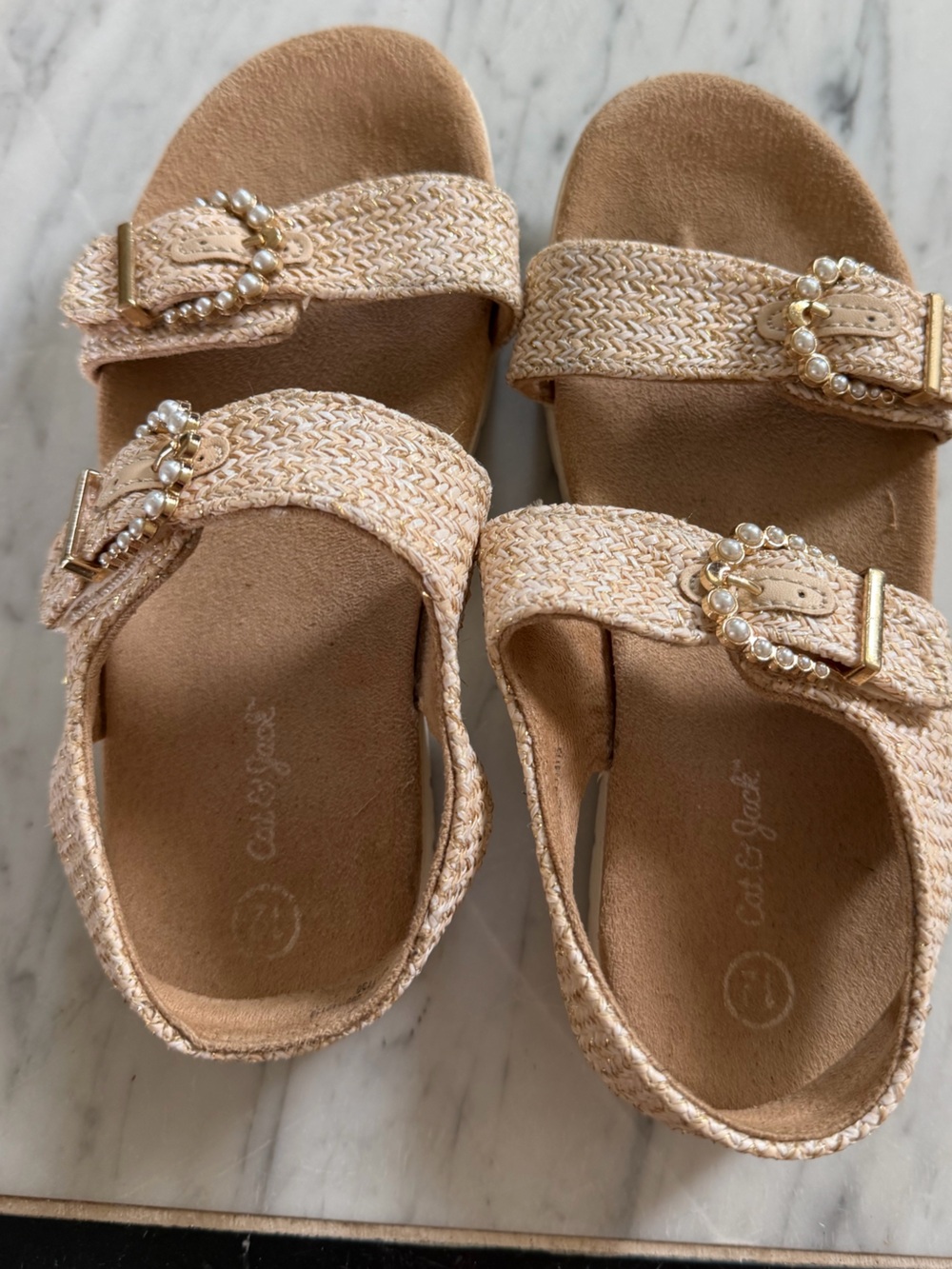 Cat & Jack Pearl-Embellished Beige Woven Slide Sandals